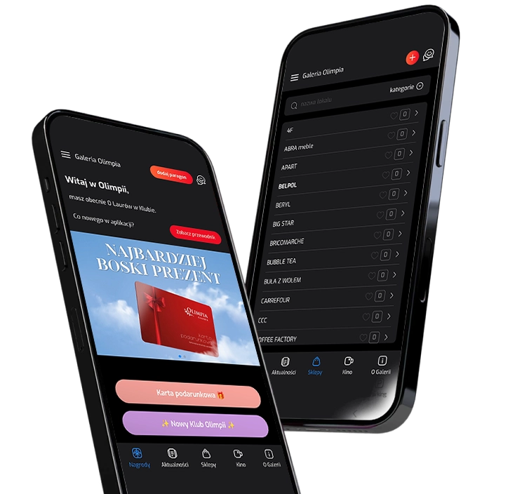 mockup aplikacji mobilnej galerii olimpia