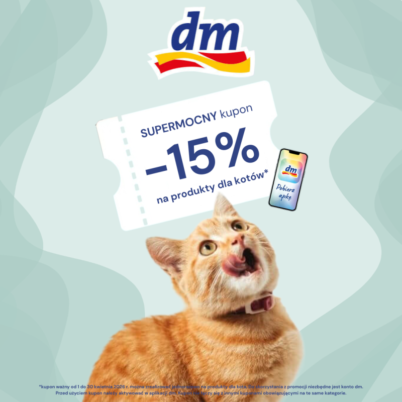 dm kupon minus 15 procent produkty dla kota promocja Galeria Olimpia Bełchatów