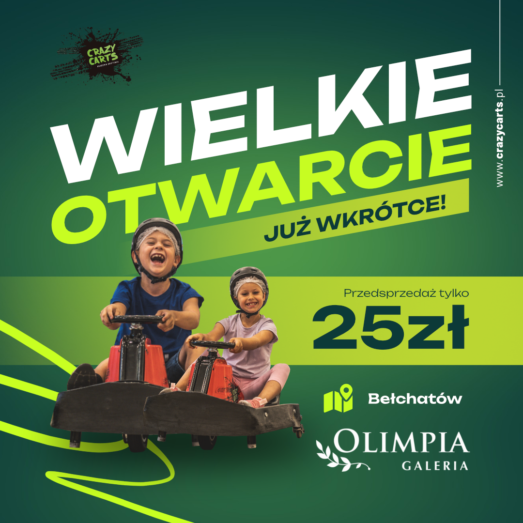 Grafika Crazy Carts Akademia Driftingu zapowiadająca otwarcie toru przed Galerią Olimpia w Bełchatowie