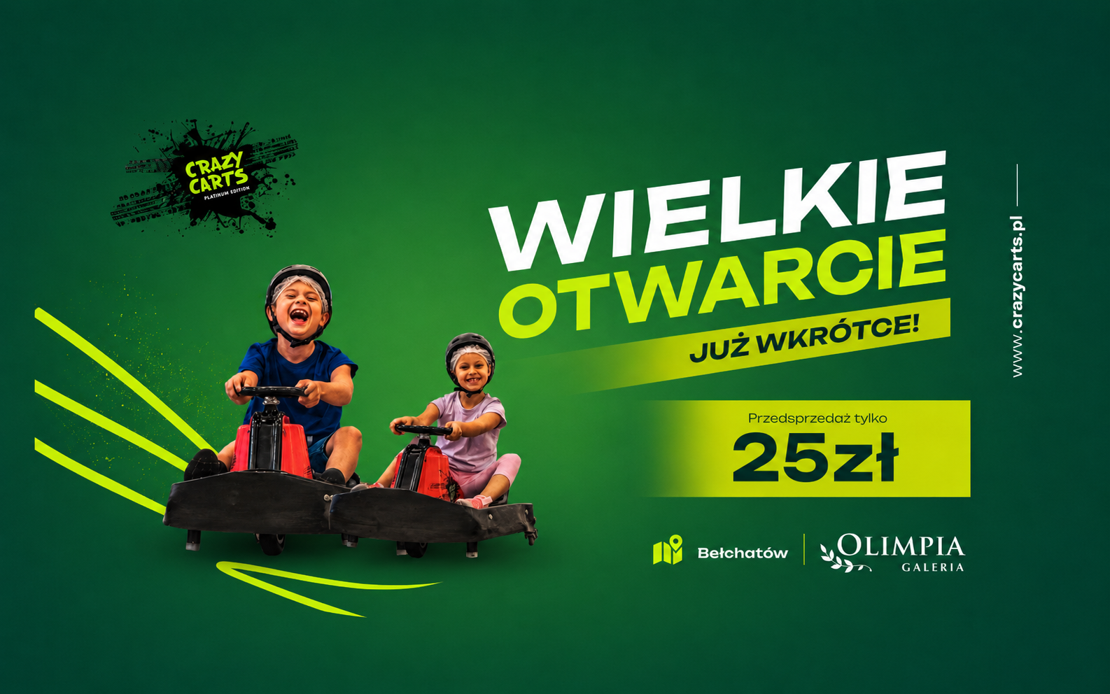 Grafika Crazy Carts Akademia Driftingu zapowiadająca otwarcie toru przed Galerią Olimpia w Bełchatowie