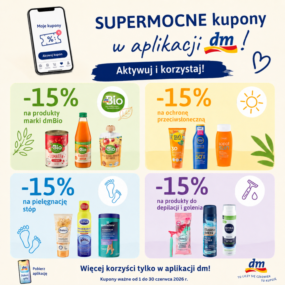 Supermocne kupony dm w aplikacji — rabaty -15% na wybrane produkty