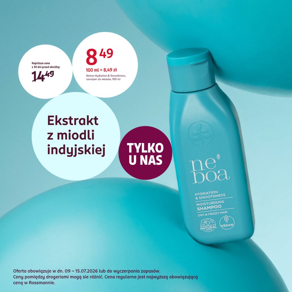 Promocja Rossmann na szampon Neboa Hydration & Smoothness z ekstraktem z miodli indyjskiej za 8,49 zł.