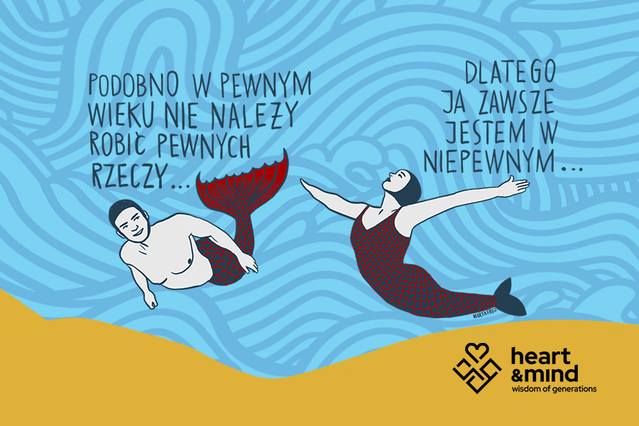 Grafika kampanii „Życie nie kończy się po 50-tce” wspierającej osoby 50+ na rynku pracy.