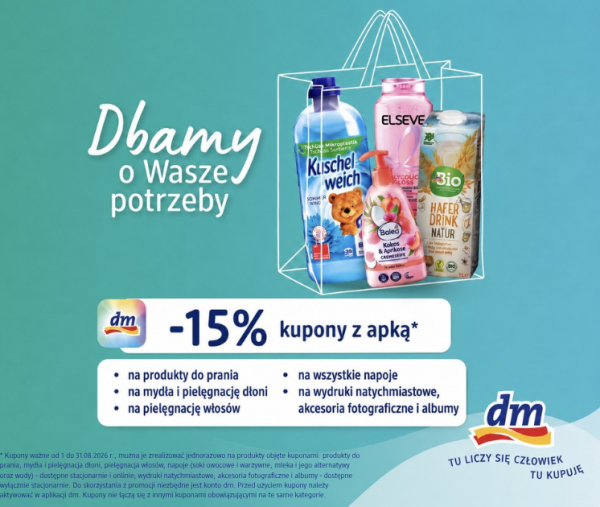 dm w Galerii Olimpia – kupony z aplikacji -15% na wybrane produkty i usługi.