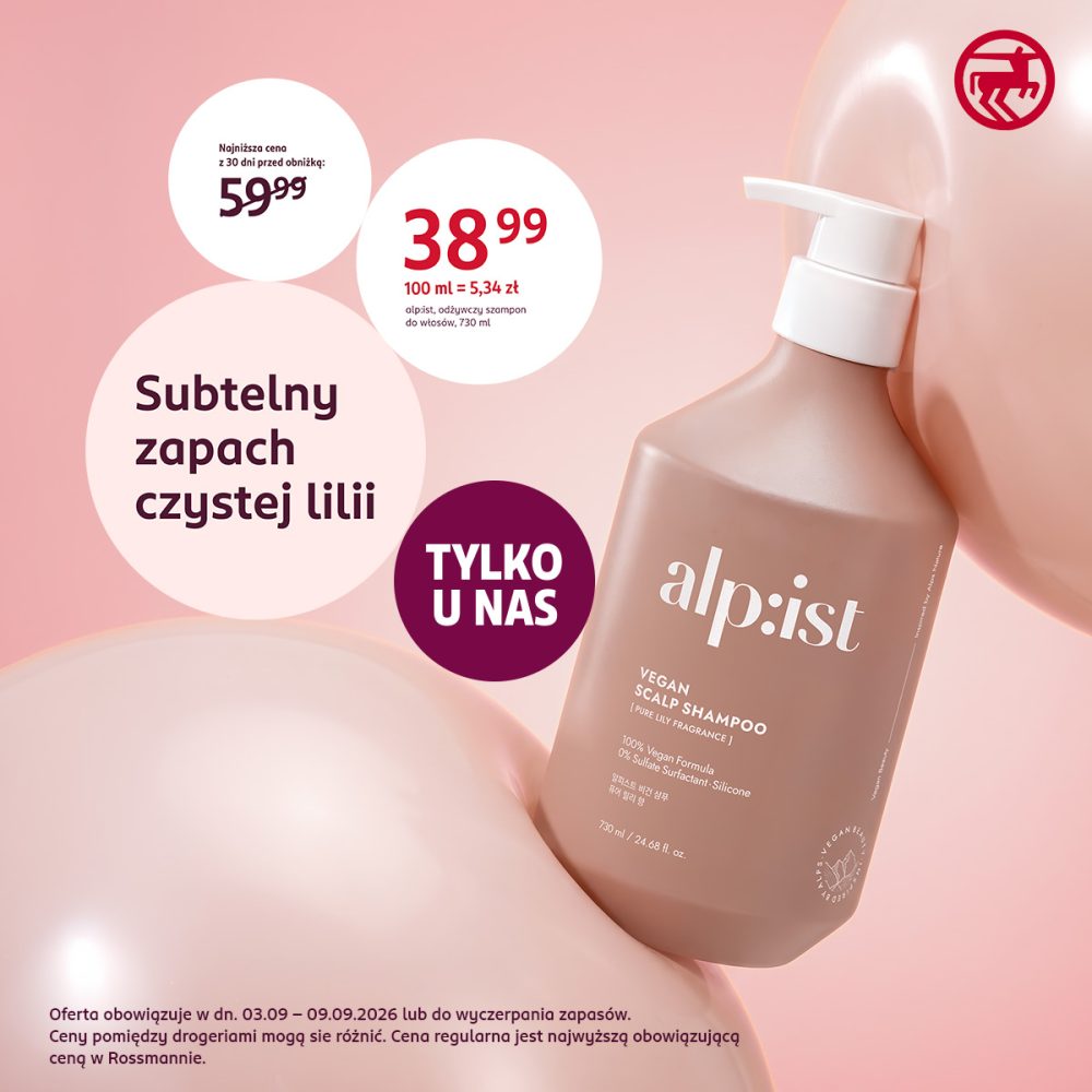 Rossmann w Galerii Olimpia – alp:ist odżywczy szampon do włosów o subtelnym zapachu czystej lilii za 38,99 zł.