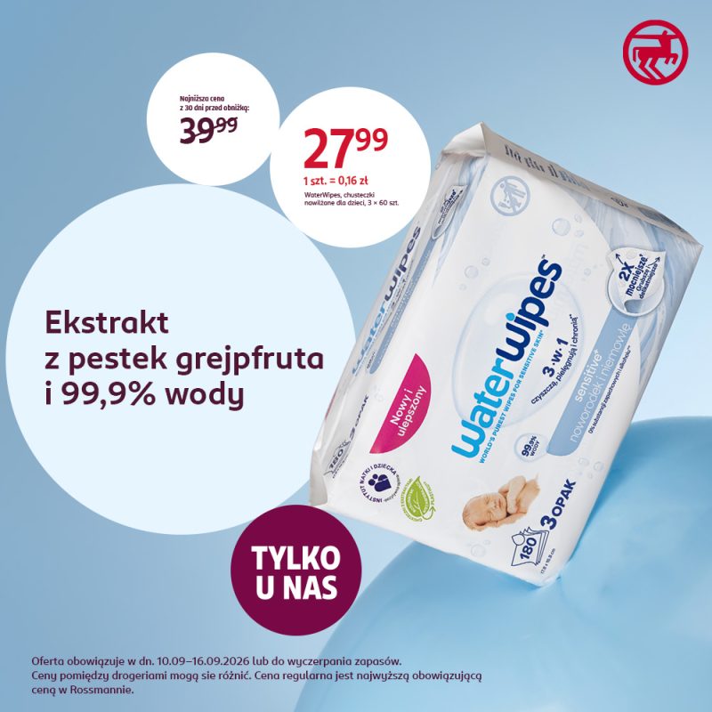 Promocja na chusteczki nawilżane WaterWipes 3 x 60 szt. w Rossmannie w Galerii Olimpia. Cena promocyjna 27,99 zł zamiast 39,99 zł