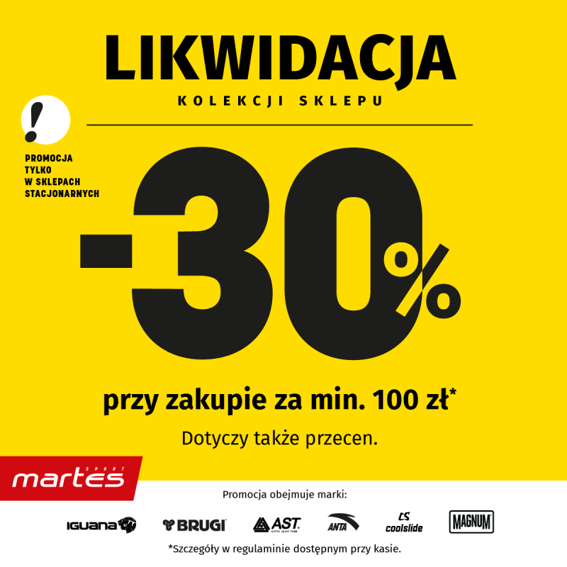Likwidacja kolekcji Martes Sport w Galerii Olimpia – 30% rabatu przy zakupach za minimum 100 zł na marki Iguana, Brugi, AST, Anta, Coolslide i Magnum.