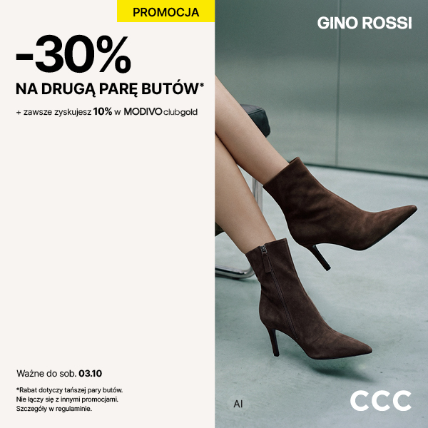 Promocja CCC w Galerii Olimpia w Bełchatowie. 30% rabatu na drugą, tańszą parę butów. Na zdjęciu brązowe botki Gino Rossi