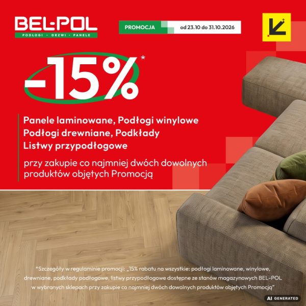 BEL-POL promocja -15% na panele laminowane, podłogi winylowe, drewniane, podkłady i listwy przypodłogowe. Grafika z salonem i drewnianą podłogą. Galeria Olimpia Bełchatów.
